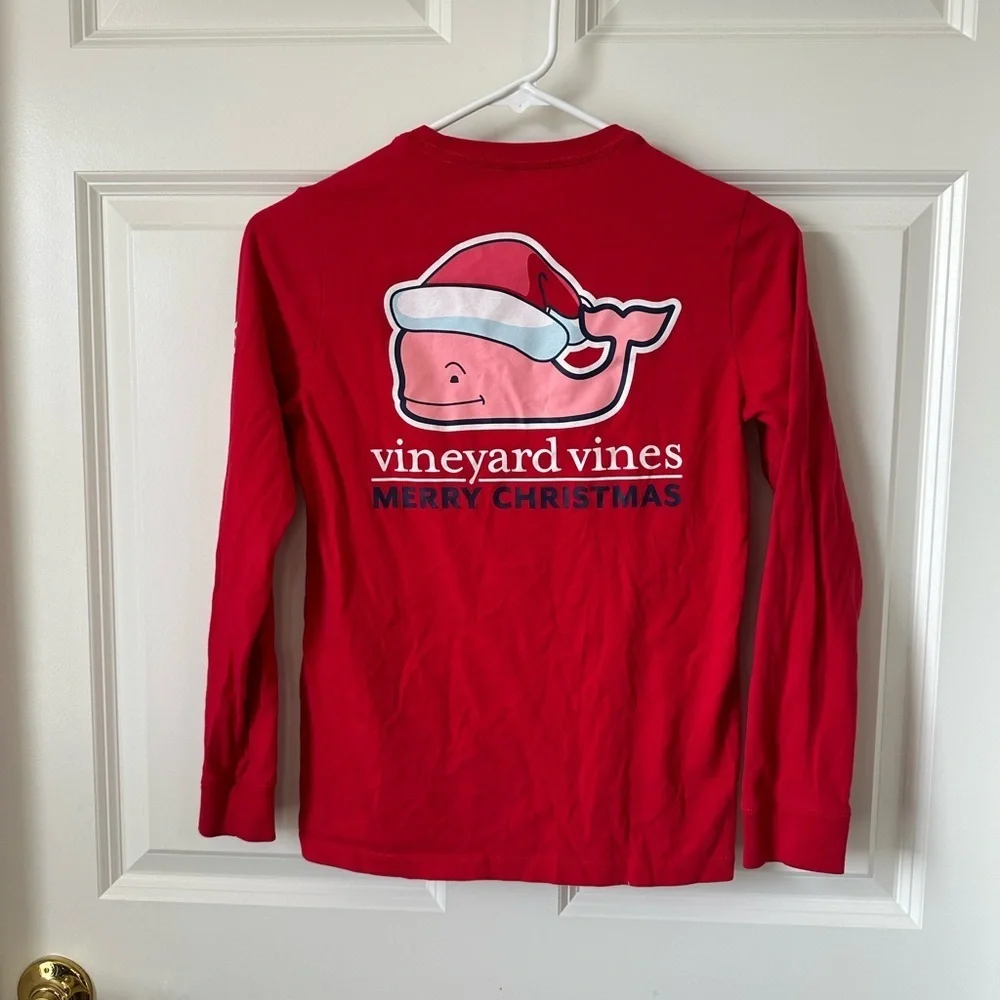 Vineyard Vines Boys Red 2025 Santa Whale Long-Sleeve Pocket Tee Size S (8-10)